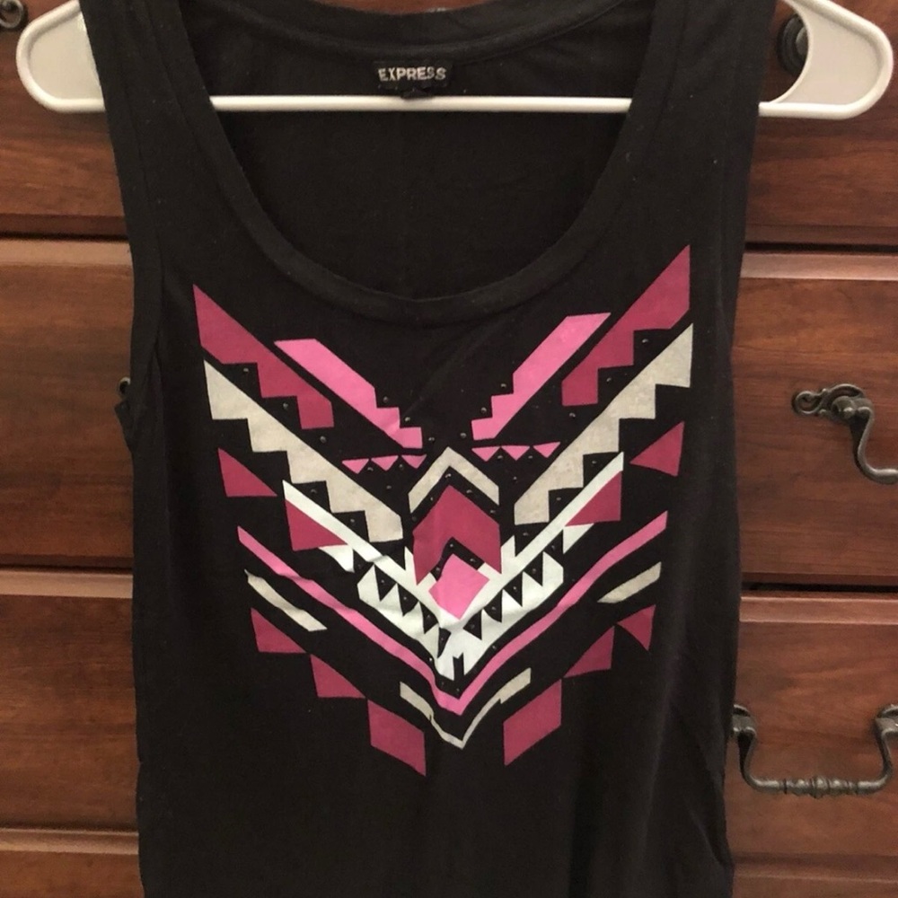 Express Black and Pink Aztec Jewled Graphic Muscle Tank Top